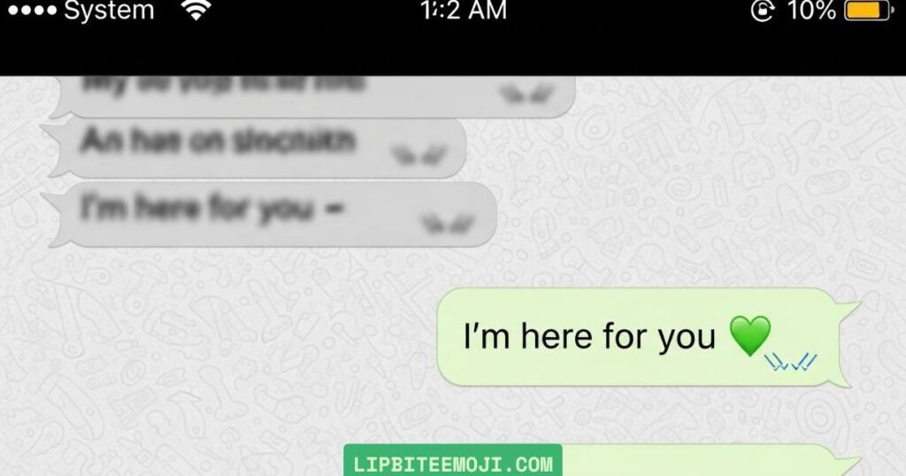 Text message conversation showing green heart emoji used for support and friendship