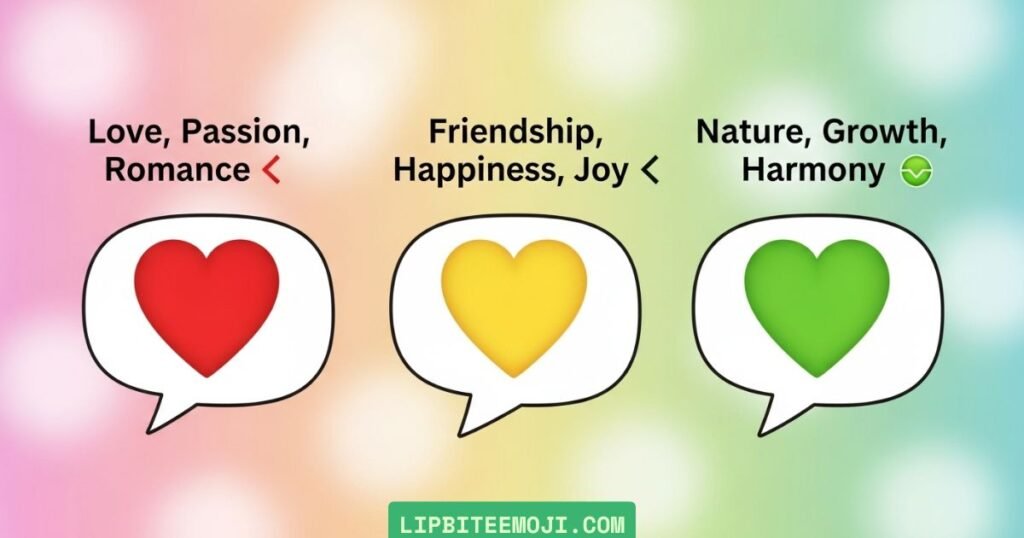 “Comparison of red, yellow, and green heart emojis showing different emotional meanings”